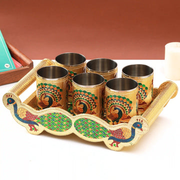 Serving Tray Set Peacock Design | Handcrafted Meenakari Tray for Snacks & Tea