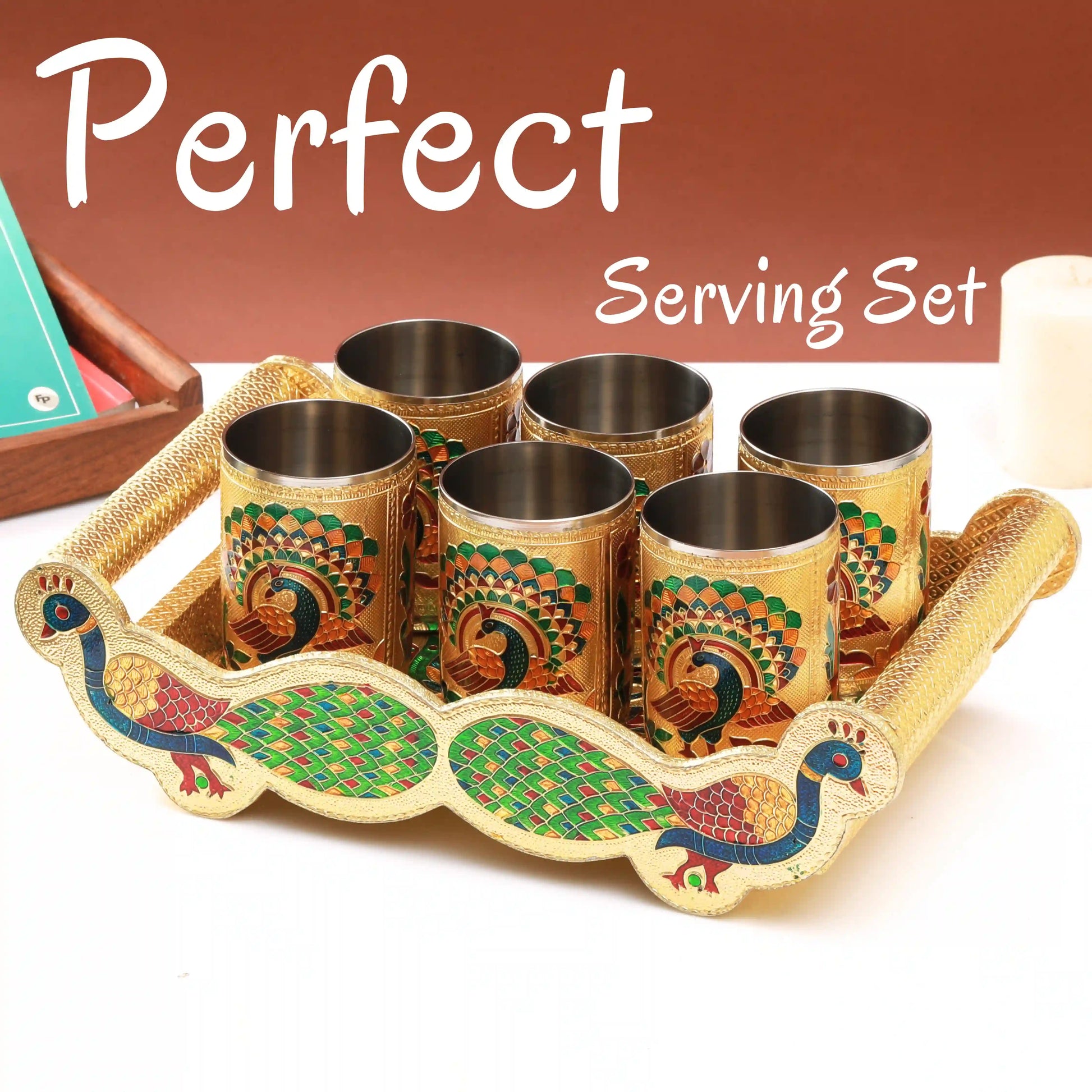 Serving Tray Set Peacock Design | Handcrafted Meenakari Tray for Snacks & Tea