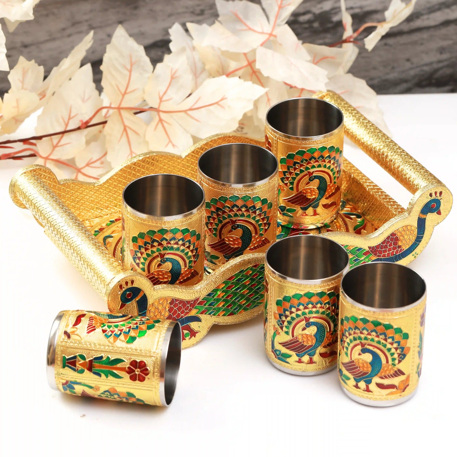 Serving Tray Set Peacock Design | Handcrafted Meenakari Tray for Snacks & Tea
