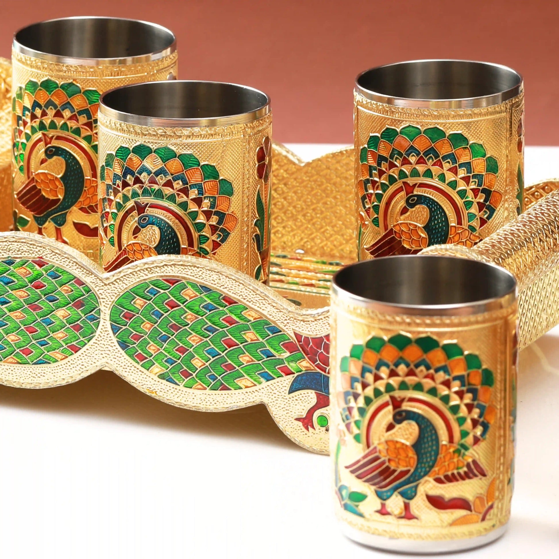 Serving Tray Set Peacock Design | Handcrafted Meenakari Tray for Snacks & Tea