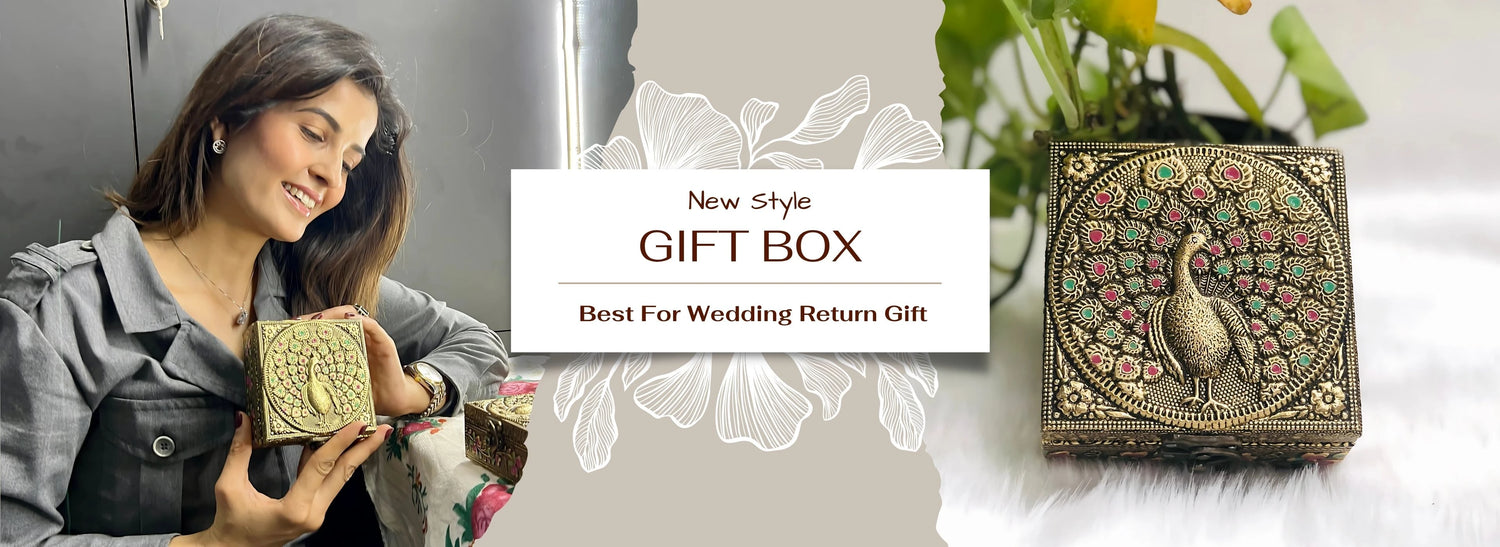 Woman holding a decorative gift box with peacock design, labeled 'New Style Gift Box Best For Wedding Return Gift'.