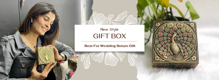 Woman holding a decorative gift box with peacock design, labeled 'New Style Gift Box Best For Wedding Return Gift'.