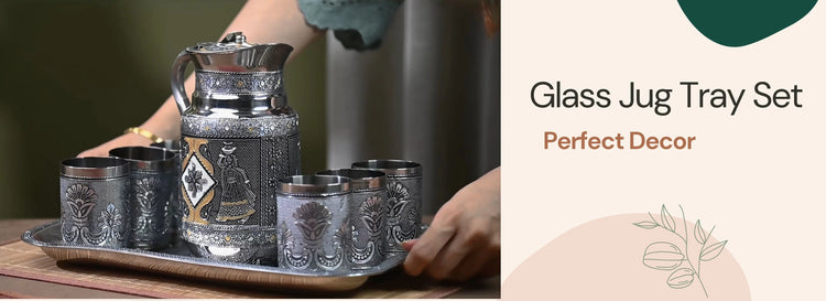 Glass jug and tray set with decorative elements on a wooden surface, labeled 'Perfect Decor'.