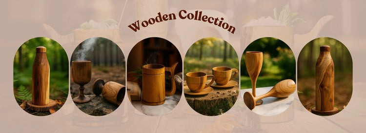 Wooden collection with various wooden items against a nature-themed background.