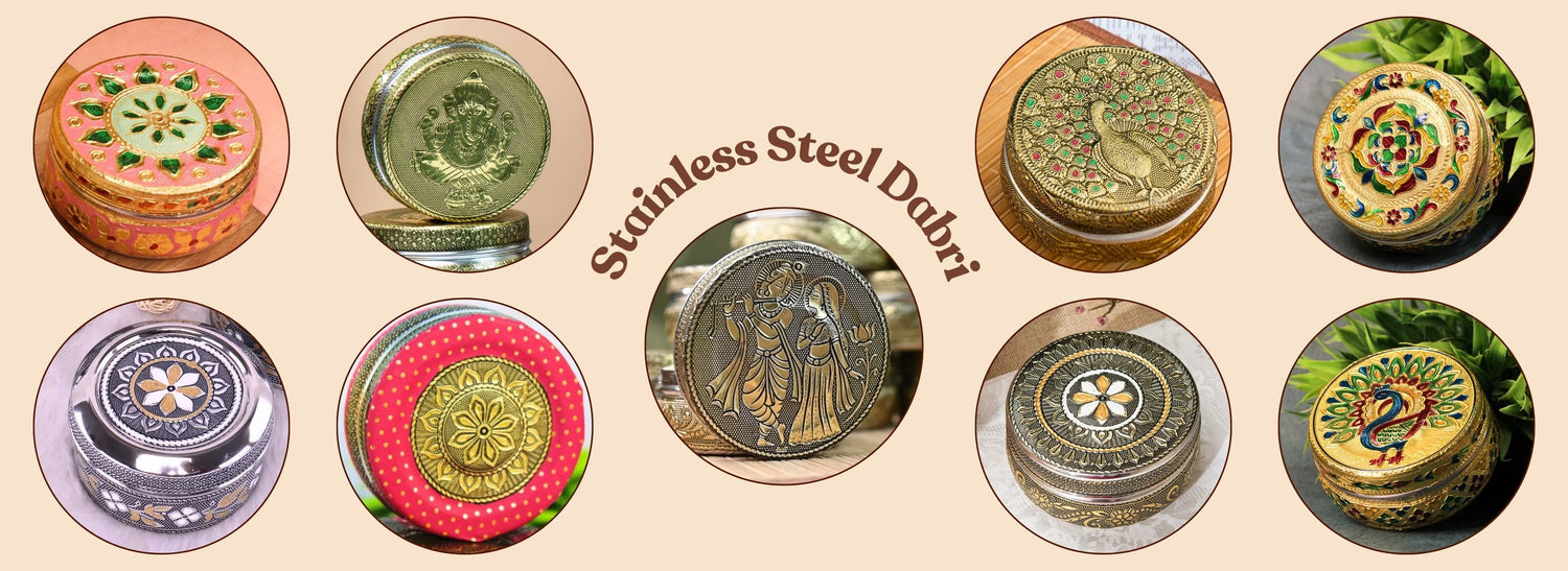 Collection of stainless steel dabbi with decorative patterns on a beige background