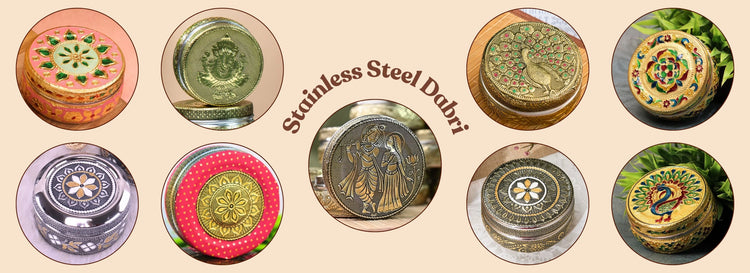 Collection of stainless steel dabbi with decorative patterns on a beige background