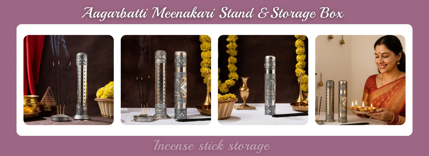 Promotional image of Agarbatti Meenakari Stand & Storage Box with incense sticks, woman in saree, and decorative elements.