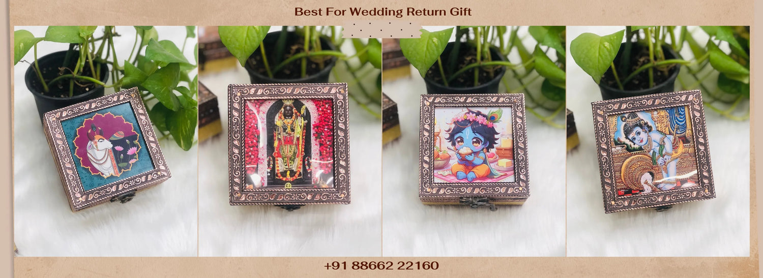 Decorative boxes with artistic designs on a white surface, surrounded by green plants.