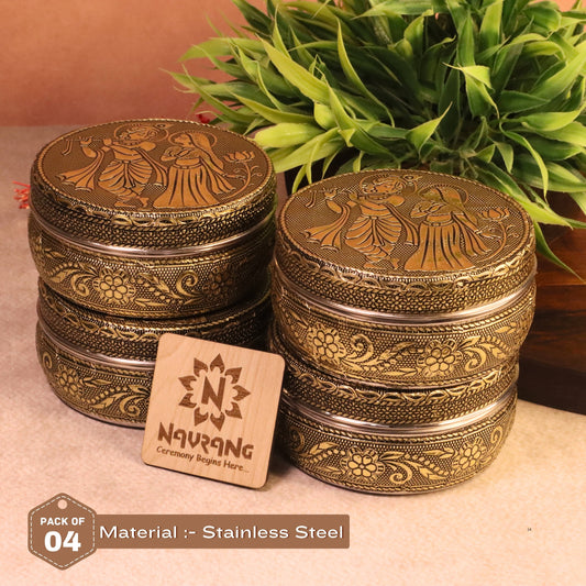 RadhaKrishan Meenakari Steel Box Container | Decorative Dry Fruit, Mithai, Chocolate & Gift Container | Handmade Indian Gifting Box for Return Gifts, Diwali, Weddings (Pack Of 4)