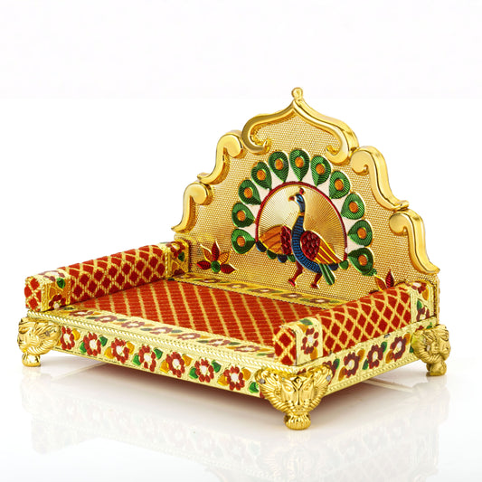 NAVRANG Wooden Laddu Gopal Sinhasan for Pooja | Gold Decorative Thakorji Bal Gopal Chowki for Krishna Ganesh Idol | Wooden Mandir Singhasan Seat | Return Gift