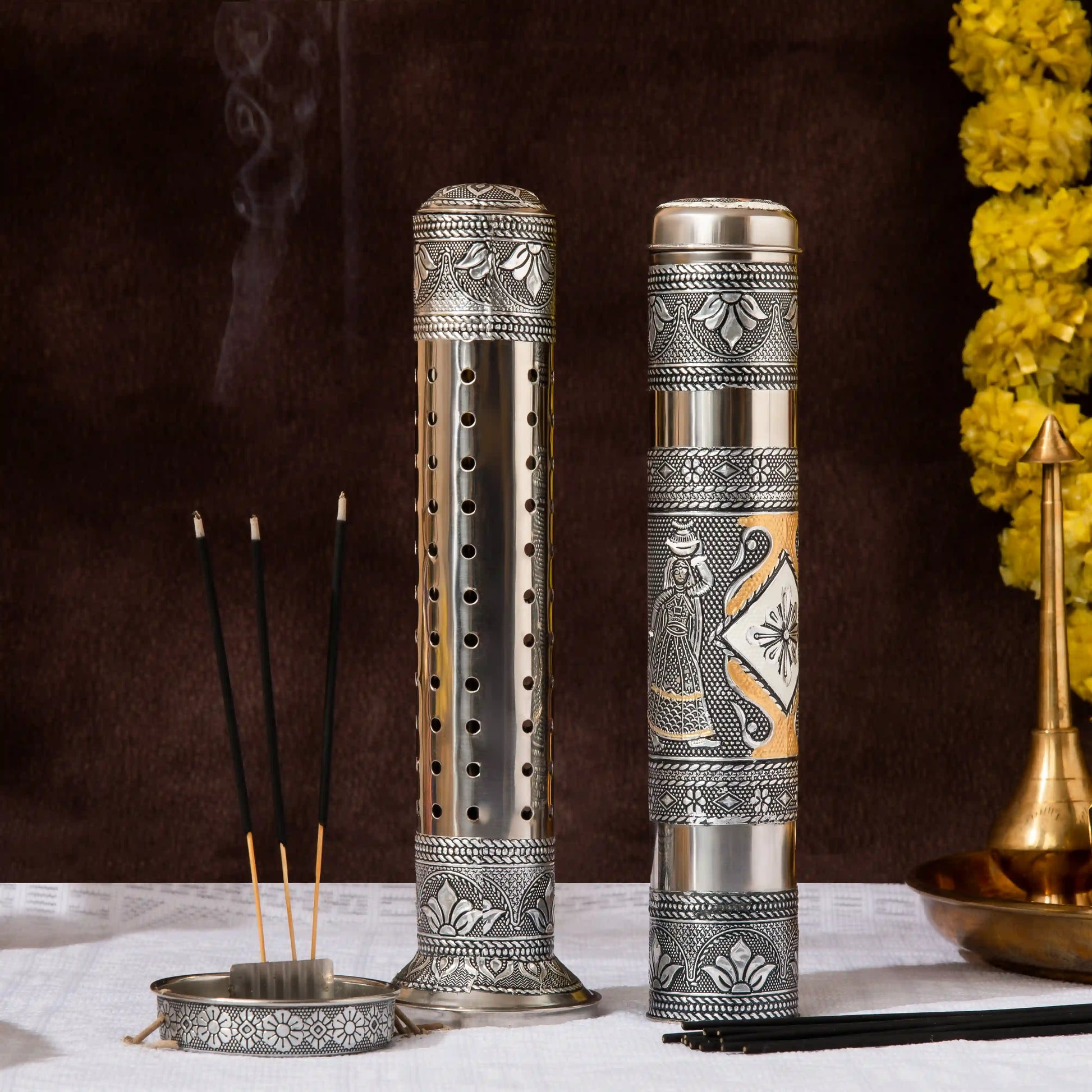 Incense Stick Holder & Storage Box Combo | Handmade Stainless Steel Pooja Set