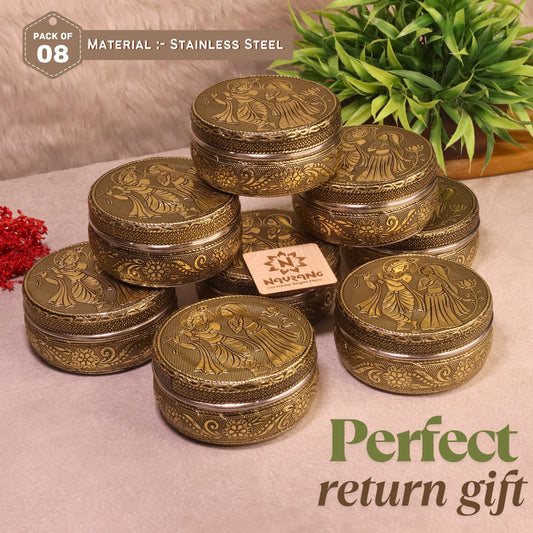 RadhaKrishan Meenakari Steel Box Container | Decorative Dry Fruit, Mithai, Chocolate & Gift Container | Handmade Indian Gifting Box for Return Gifts, Diwali, Weddings (Pack Of 8)