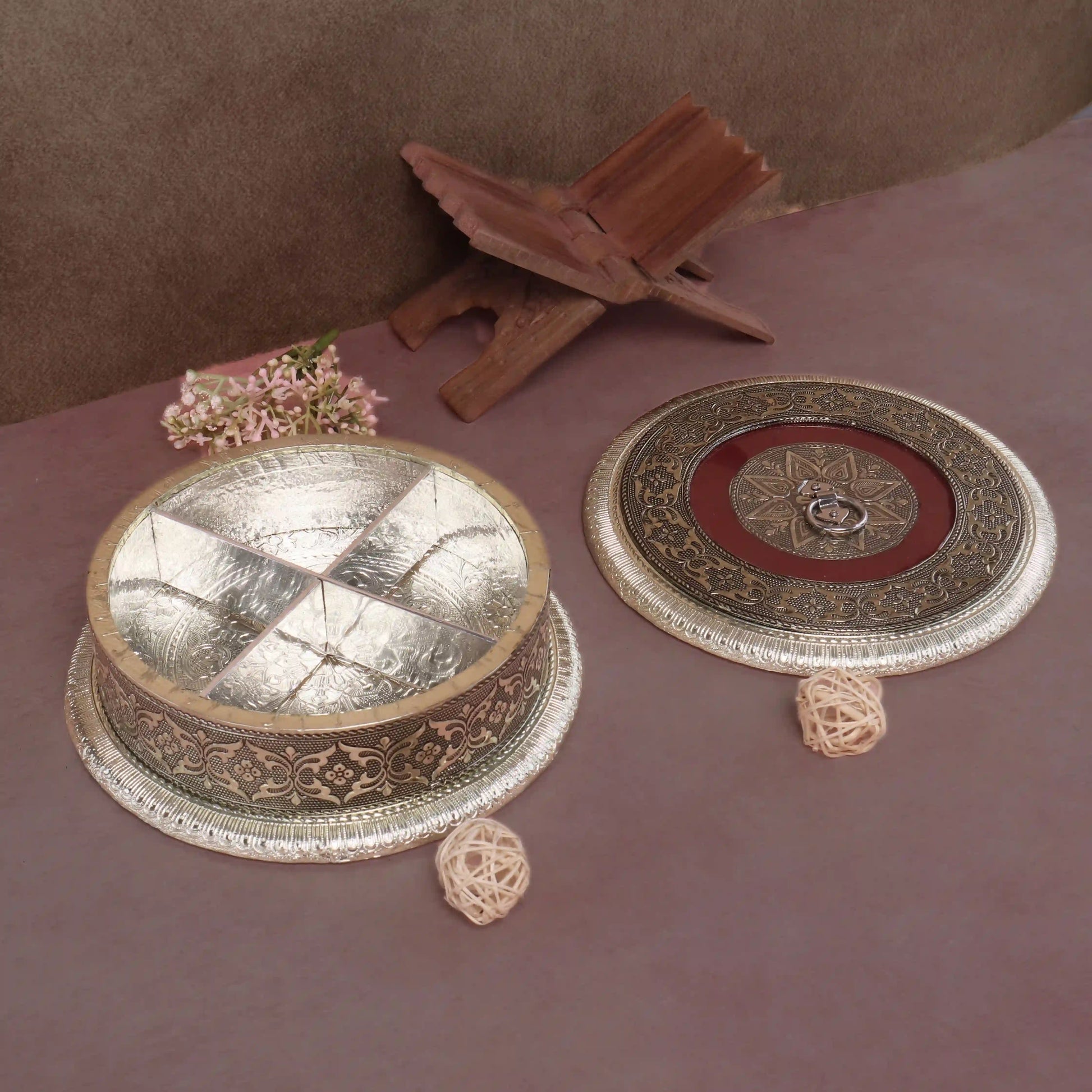 Decorative Wooden Dry Fruit Box | Oxidized Meenakari 4 Section Storage Box