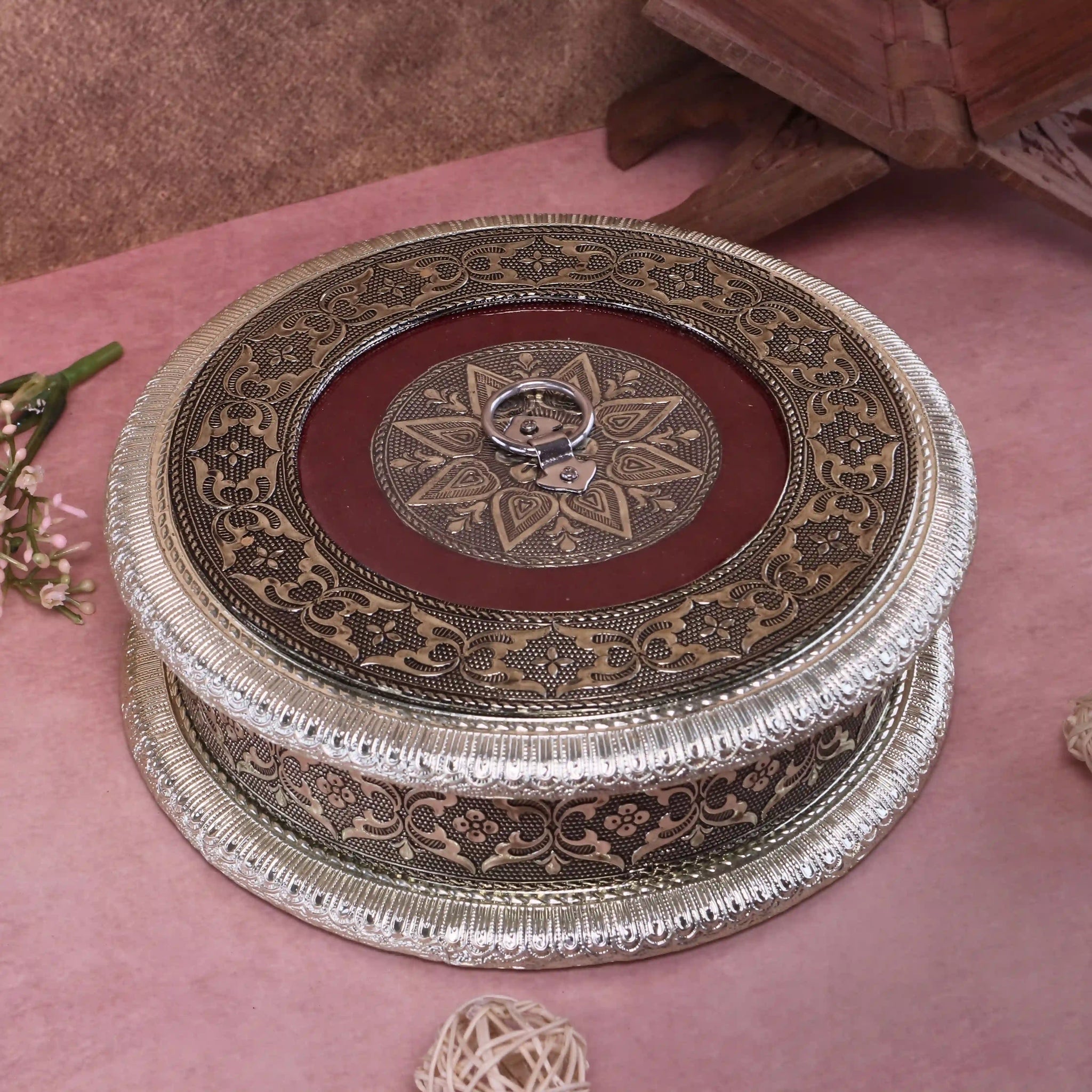 Decorative Wooden Dry Fruit Box | Oxidized Meenakari 4 Section Storage Box