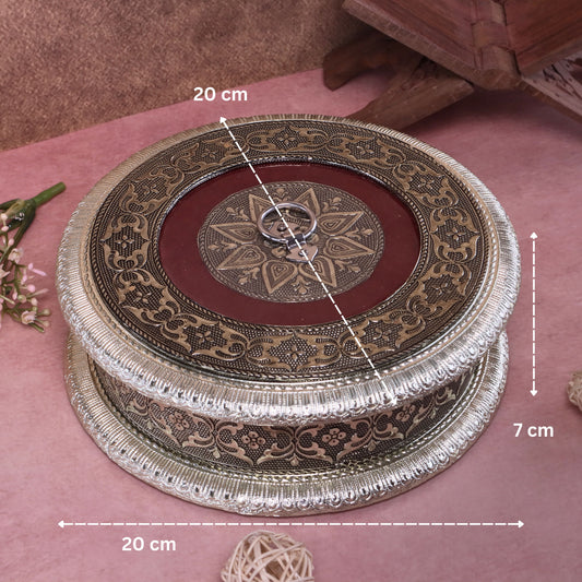 Decorative Wooden Dry Fruit Box with Oxidized Meenakari Work | 4 Section Sweet & Mukhwas Storage Box | Handmade Traditional Return Gift for Wedding, Festival, Pooja & Housewarming