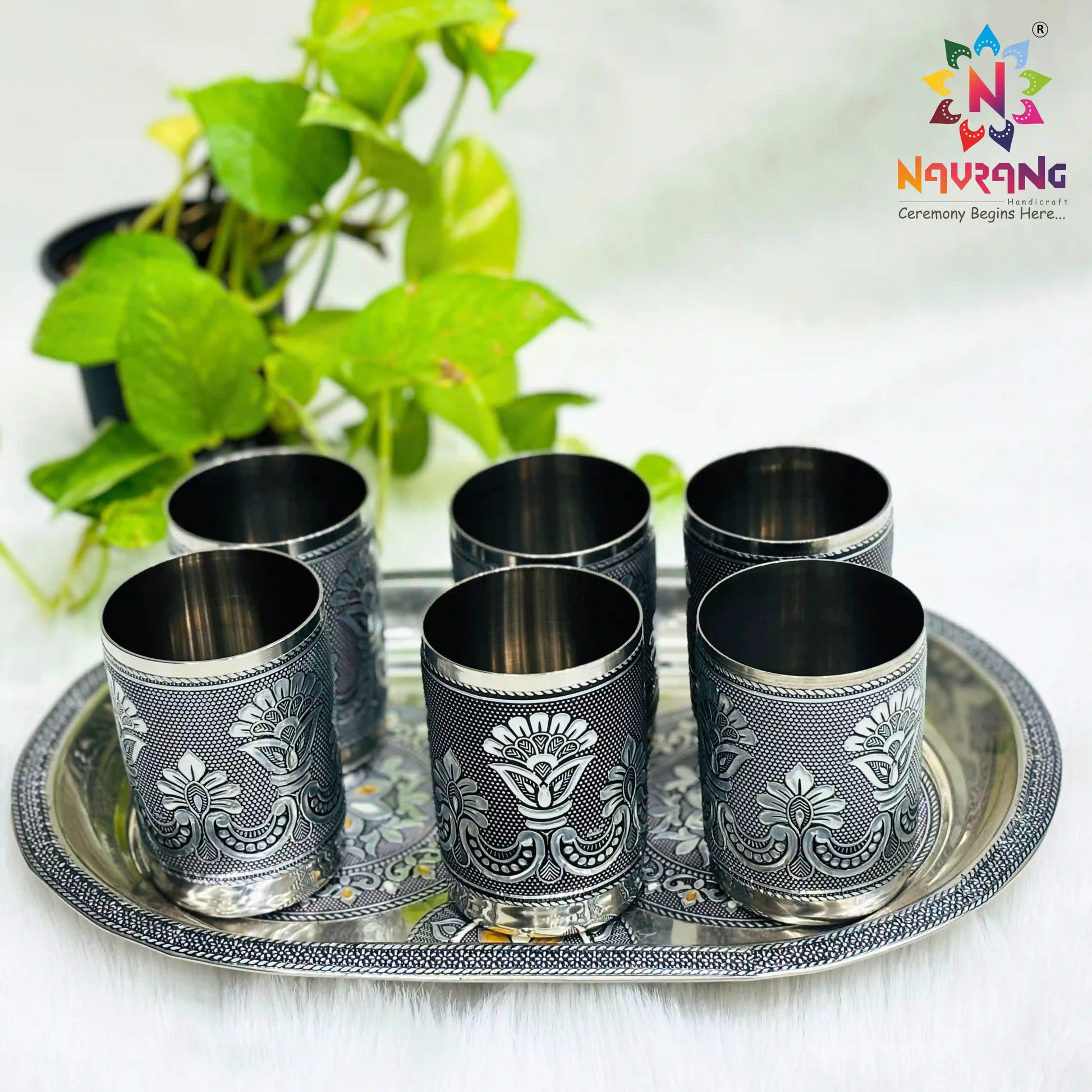 Serving Meenakari Steel Glass Tray Set | Snacks & Drinks Serving Set