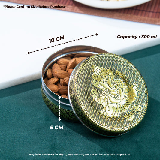 Steel Container with Lid for Kitchen Storage | Oxidized Meenakari Snack Box | Ganesha Embossed Stainless Steel Dabba for Dry Fruits, Mukhwas, Spices, Return Gift