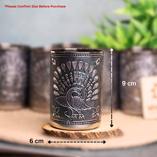 Oxidized Meenakari Steel Glasses Set of 6 | Decorative Floral Engraved Drinking Glass Set | Stainless Steel Tumblers for Water, Juice, Pooja, Return Gift, Traditional Indian Glassware