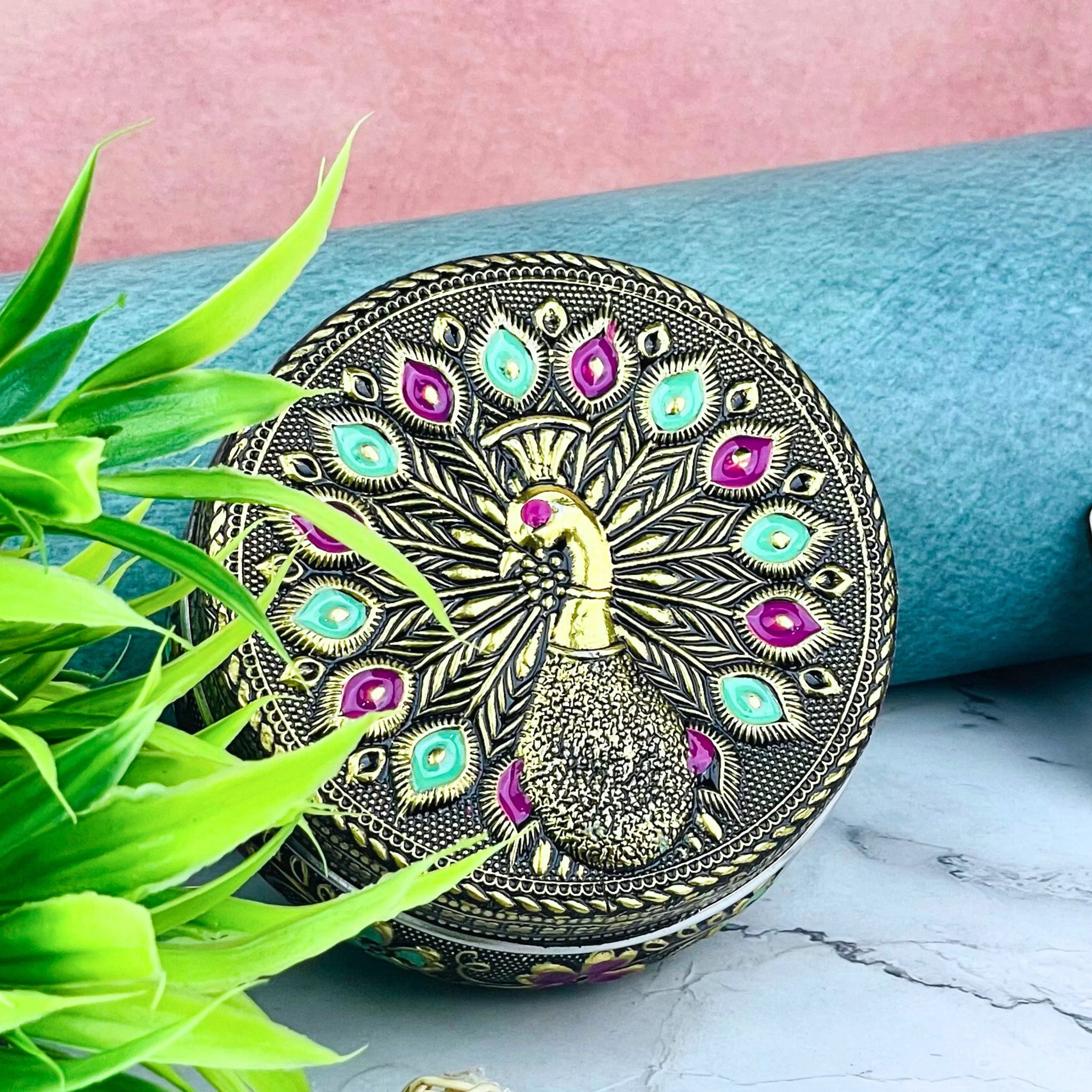 Steel Container with Lid Kitchen Storage | Peacock Embossed Oxidized Meenakari Snack Box (Golden)