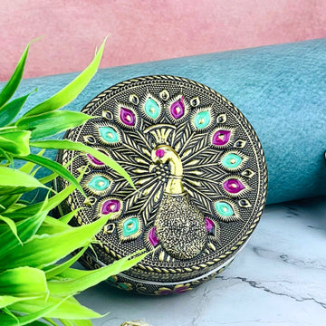 Steel Container with Lid Kitchen Storage | Peacock Embossed Oxidized Meenakari Snack Box (Golden)