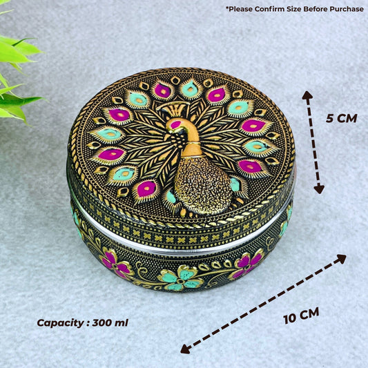 Steel Container with Lid Kitchen Storage | Peacock Embossed Oxidized Meenakari Snack Box (Golden)