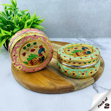 Steel Container with Lid Kitchen Storage | Peacock Meenakari Snack Box (Multicolor)