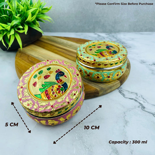 Steel Container with Lid Kitchen Storage | Peacock Meenakari Snack Box (Multicolor)