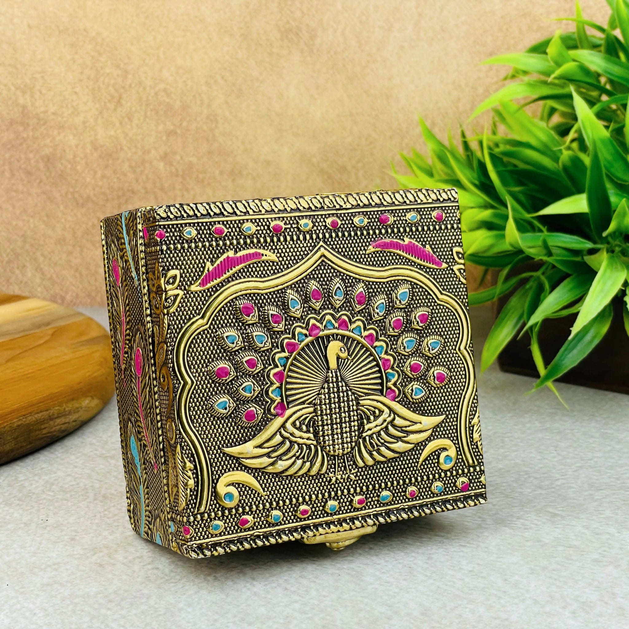Meenakari Peacock Embossed Jewelry Storage Box | Handcrafted Wooden Decorative Keepsake Organizer | Antique Embossed Design