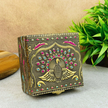 Meenakari Peacock Embossed Jewelry Storage Box | Handcrafted Wooden Decorative Keepsake Organizer | Antique Embossed Design
