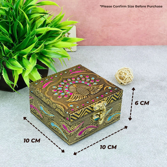 Meenakari Peacock Embossed Jewelry Storage Box | Handcrafted Wooden Decorative Keepsake Organizer | Antique Embossed Design