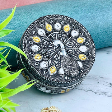Steel Container with Lid Kitchen Storage | Peacock Embossed Oxidized Meenakari Snack Box (Silver)