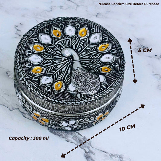 Steel Container with Lid Kitchen Storage | Peacock Embossed Oxidized Meenakari Snack Box (Silver)