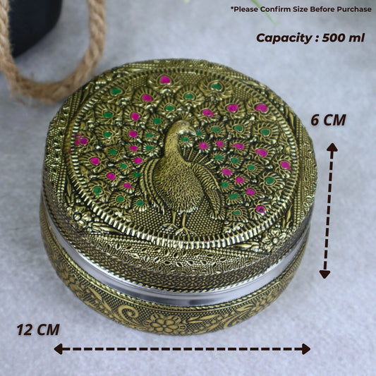 Meenakari Peacock Embossed Stainless Steel Dabri – Puri / Poori Box / Poori Dabba, Tiffin Box & Kitchen Dabba | 500 ml | Return Gift