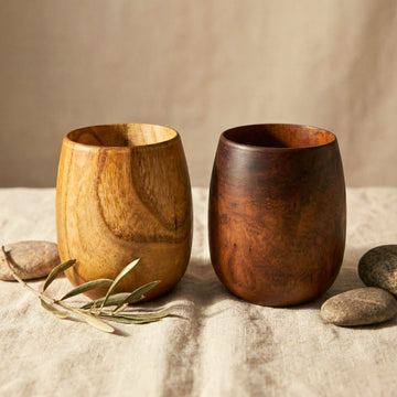 Handcrafted Teak Wood Glasses Set of 2 (250 ml) | Wooden Drinkware for Water, Juice & Whisky | Natural Wood Tumbler for Home & Gifting