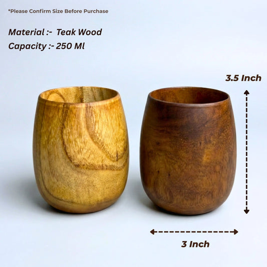 Handcrafted Teak Wood Glasses Set of 2 (250 ml) | Wooden Drinkware for Water, Juice & Whisky | Natural Wood Tumbler for Home & Gifting