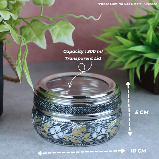 Steel Container with Transparent Lid Kitchen Storage | See Thru Oxidized Meenakari Snack Box (Silver)
