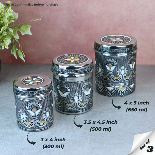 Stainless Steel Deep Dabba Kitchen Storage Containers | Antique Embossed Gold & Silver Oxidized Finish | Multipurpose Large Storage Boxes