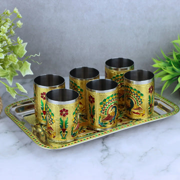 Lemon Set | Peacock & Flower Meenakari Glass Tray Set | Stainless Steel Water 6 Glasses with 1 Tray | Return Gifts
