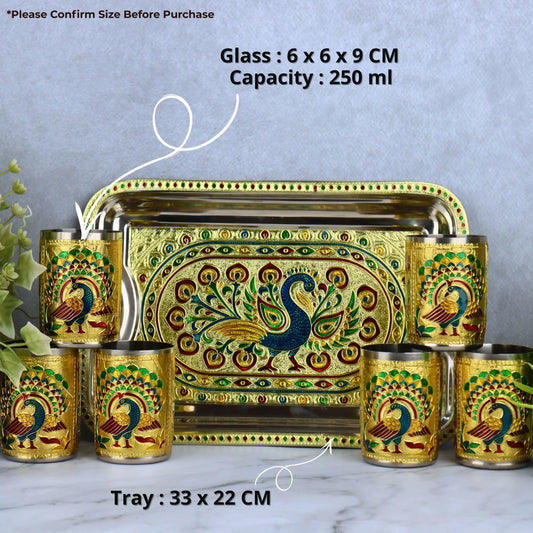 Lemon Set | Peacock & Flower Meenakari Glass Tray Set | Stainless Steel Water 6 Glasses with 1 Tray