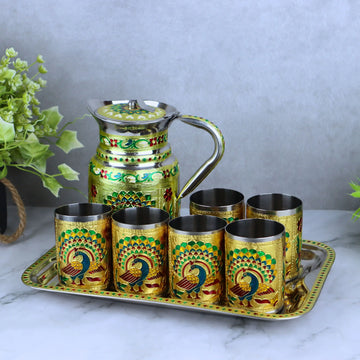 Lemon Set | Peacock & Flower Meenakari Glass Jug Set with Serving Tray | Stainless Steel Water Jug with 6 Glasses | Return Gifts