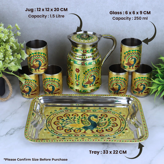 Lemon Set | Peacock & Flower Meenakari Glass Jug Set with Serving Tray | Stainless Steel Water Jug with 6 Glasses