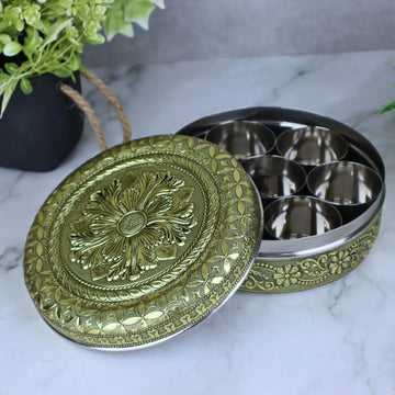 Spice Box Stainless Steel Masala Box | Papad Dabba | Golden Flower Embossed Container with 7 Bowls & Spoon | Return Gifts