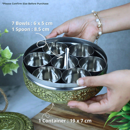 Spice Box Stainless Steel Masala Box | Papad Dabba | Golden Flower Embossed Container with 7 Bowls & Spoon | Return Gifts