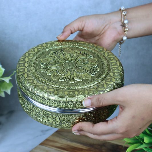 Spice Box Stainless Steel Masala Box | Golden Flower Embossed Container with 7 Bowls & Spoon
