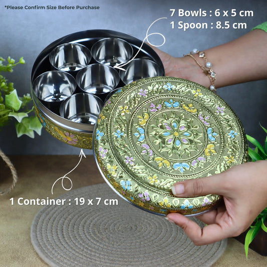 Spice Box Stainless Steel Masala Box | Papad Dabba | Golden Meenakari Container with 7 Bowls & Spoon | Return Gifts