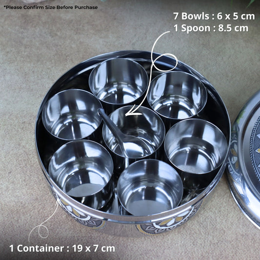 Spice Box Stainless Steel Masala Box | papad Dabba | Silver Oxidized Meenakari Container with 7 Bowls & Spoon | Return Gifts