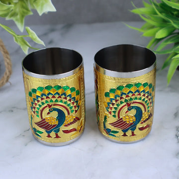 Oxidized Meenakari Steel Glasses Set of 2 | Peacock & Flower Design Drinking Glass Set | Return Gifts