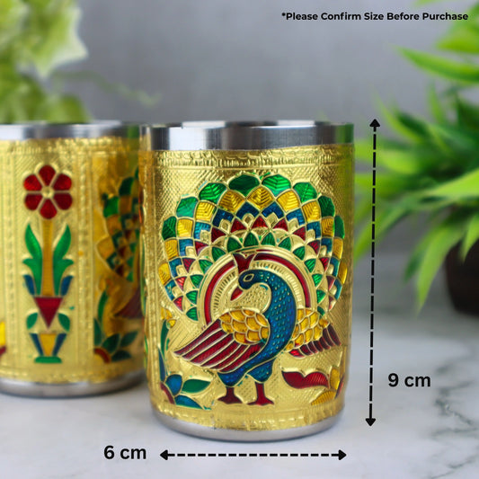 Oxidized Meenakari Steel Glasses Set of 2 | Peacock & Flower Design Drinking Glass Set