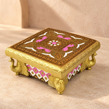NAVRANG Wooden Meenakari Bajoth | Pink Gold Peacock Leg Pooja Chowki for Laddu Gopal & Mandir Decor – 6x6, 8x8 Inch