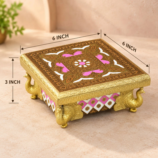 NAVRANG Wooden Meenakari Bajoth | Pink Gold Peacock Leg Pooja Chowki for Laddu Gopal & Mandir Decor – 6x6, 8x8 Inch